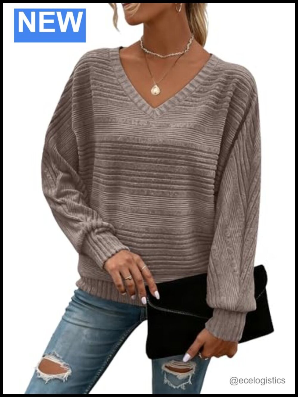 V-Neck Batwing Sleeve Tunic Pullover Sweater Soft Lightweight